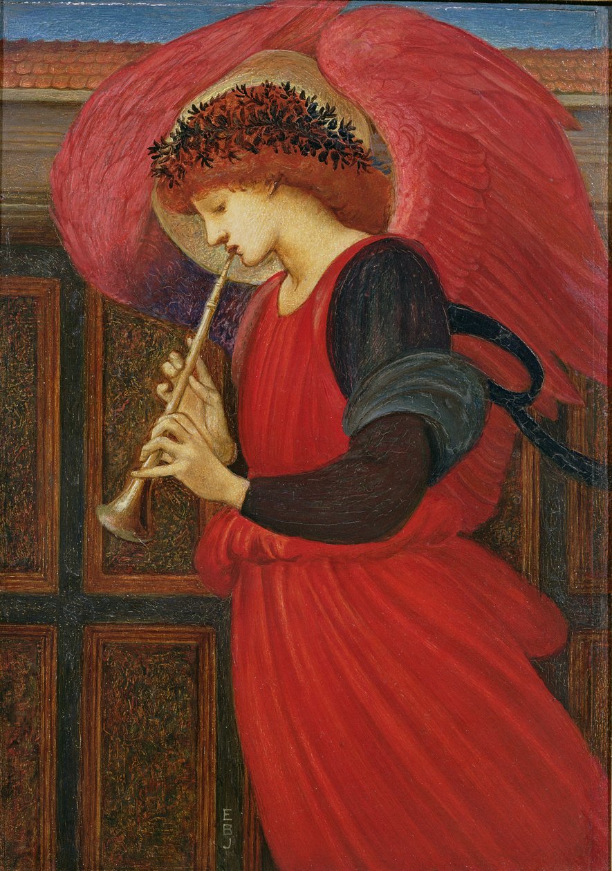 Anděl hrající na flažolet (olej na papíře) od Edward Burne Jones