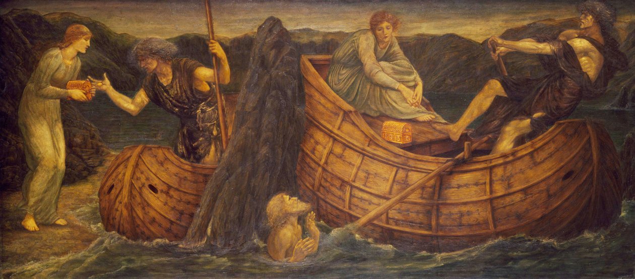 Cupid and Psyche - Palácové zelené nástěnné malby - Psyche dává minci převozníkovi ze Styxu, 1881 od Edward Burne Jones