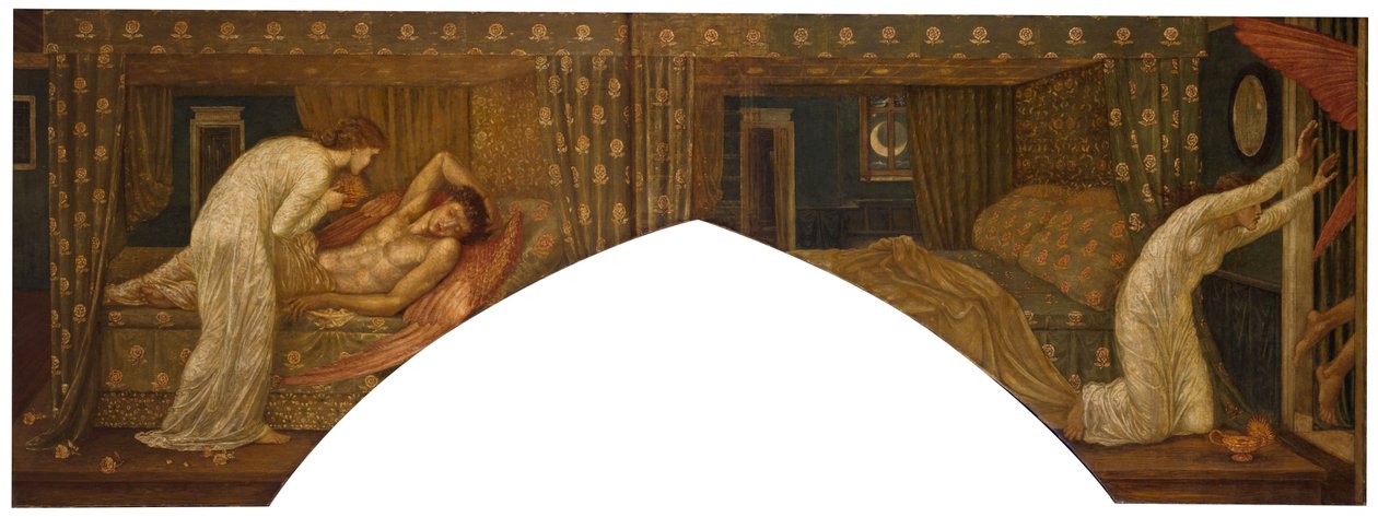 Amor a Psyché - Palácové zelené nástěnné malby - Psyché držící lampu hledí na tvář spícího Amora a Psyché opuštěni, 1881 od Edward Burne Jones