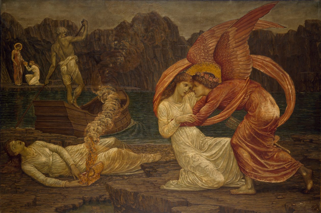 Cupid a Psyche - Palácové zelené nástěnné malby - Psyche přijímající rakev z Proserpiny, 1881 od Edward Burne Jones