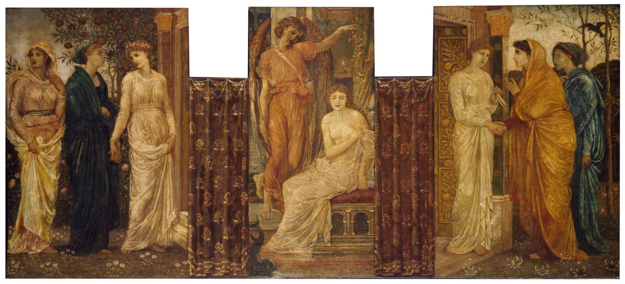 Cupid a Psyche - Palácové zelené nástěnné malby - Psyché sestry ji navštěvují v Cupidově domě, 1881 od Edward Burne Jones