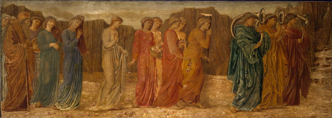 Cupid and Psyche - Palácové zelené nástěnné malby - Král a další truchlící opouštějí Psyché netvorovi, 1881 od Edward Burne Jones