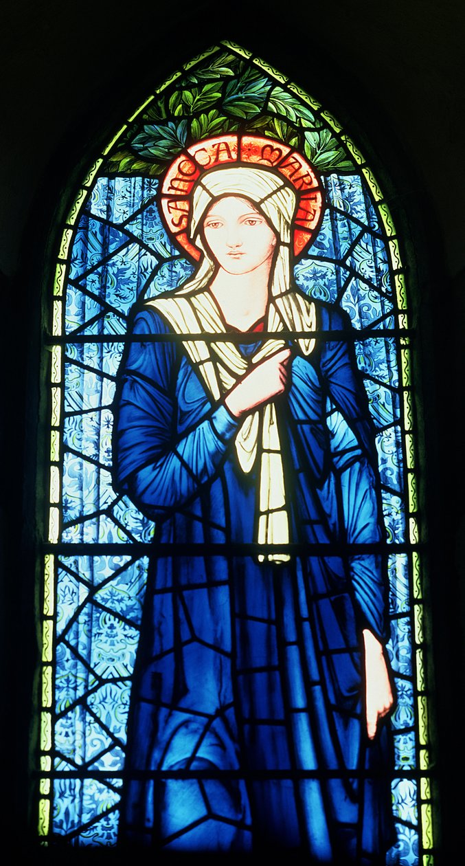 Detail vitráže Panny Marie od Edward Burne Jones
