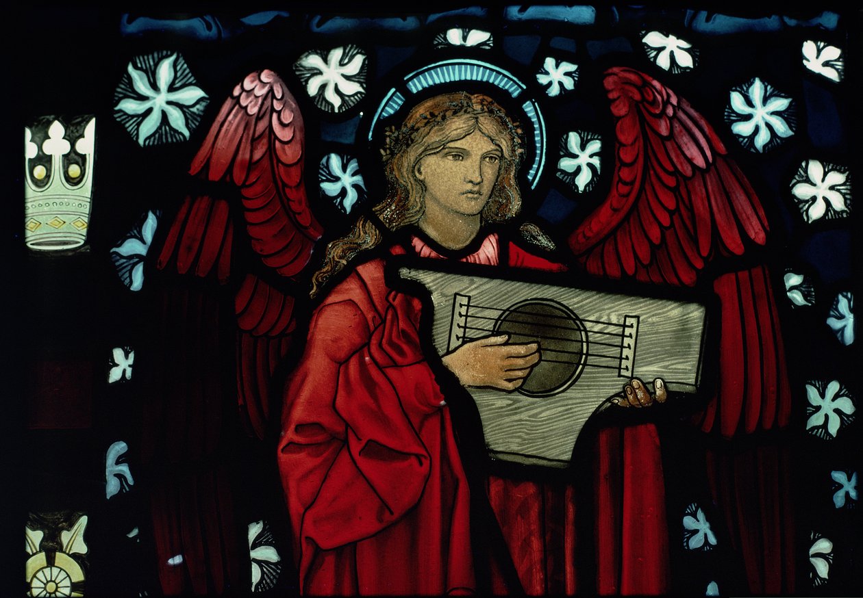 Detail of the Angel Musician, vyrobený William Morris and Co., 1882 vitráže od Edward Burne Jones