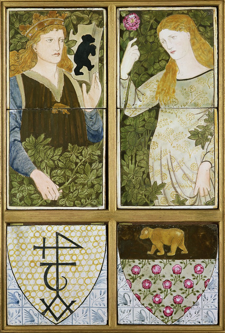 King Arthur a Queen Guinevere, Six Tile Panel vyrobený Morris, Marshall, Faulkner & Co. (keramika) od Edward Burne Jones