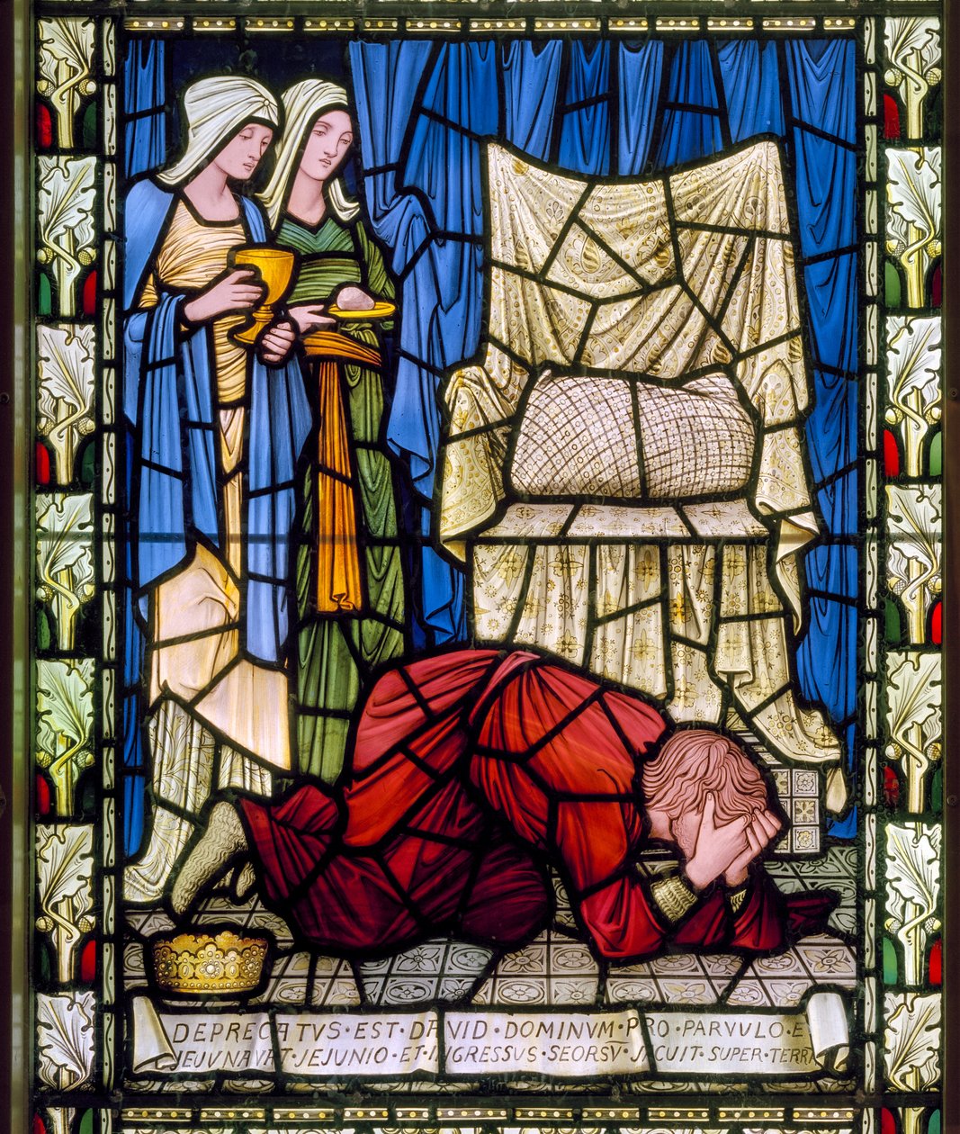 Král David pláče a modlí se za život svého nemocného dítěte a pak s odvahou přijímá dětskou smrt, kolem roku 1896 (barevné sklo) od Edward Burne Jones