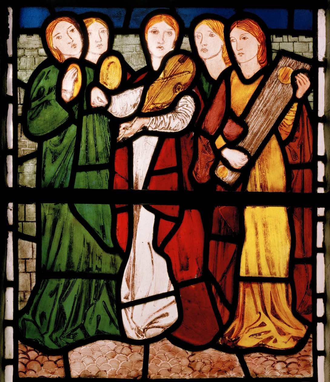 Dívčí hudebníci, z Písně písní, 1862 (vitráž) od Edward Burne Jones