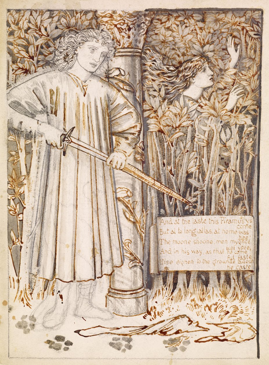 Pyramus a Thisbe - Pyramus tasí svůj meč, aby se zabil, 1866 od Edward Burne Jones