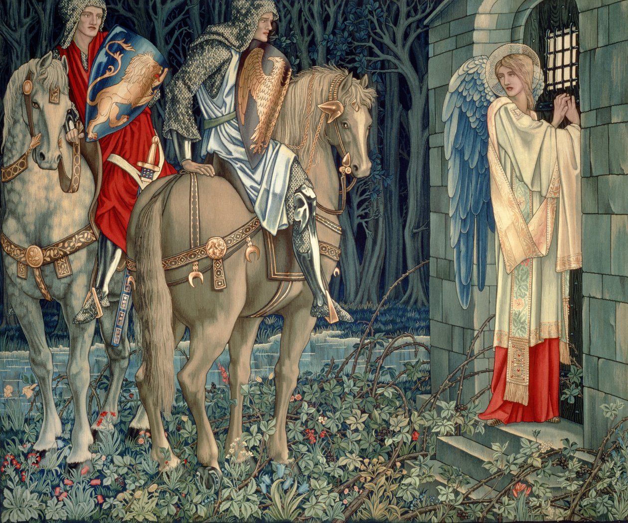 Quest for the Holy Grail Tapestries - Panel 3 - The Failure of Sir Gawaine; Sir Gawaine a Sir Uwaine v Ruined Chapel, 1895-96 od Edward Burne Jones