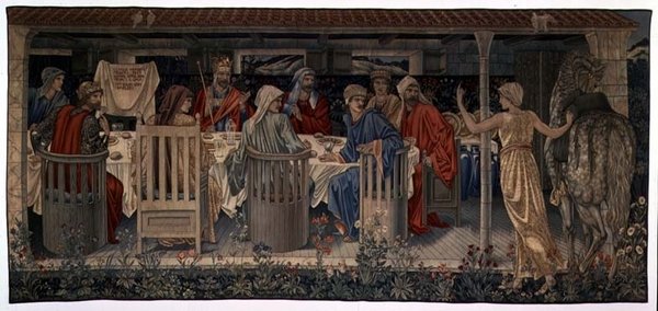 Quest for the Holy Grail Tapestries, Panel 1, Rytíři kulatého stolu svoláni k hledání podivnou slečnou, 1898-1899 od Edward Burne Jones
