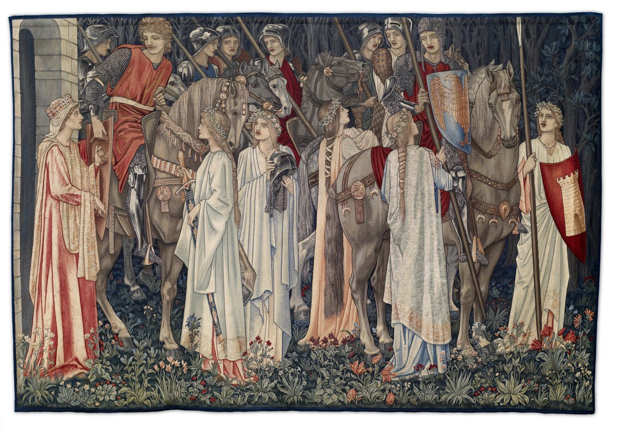 The Arming and Departure of the Knights, gobelín navržený umělcem a tkaný Morris & Co., 1895-96 od Edward Burne Jones
