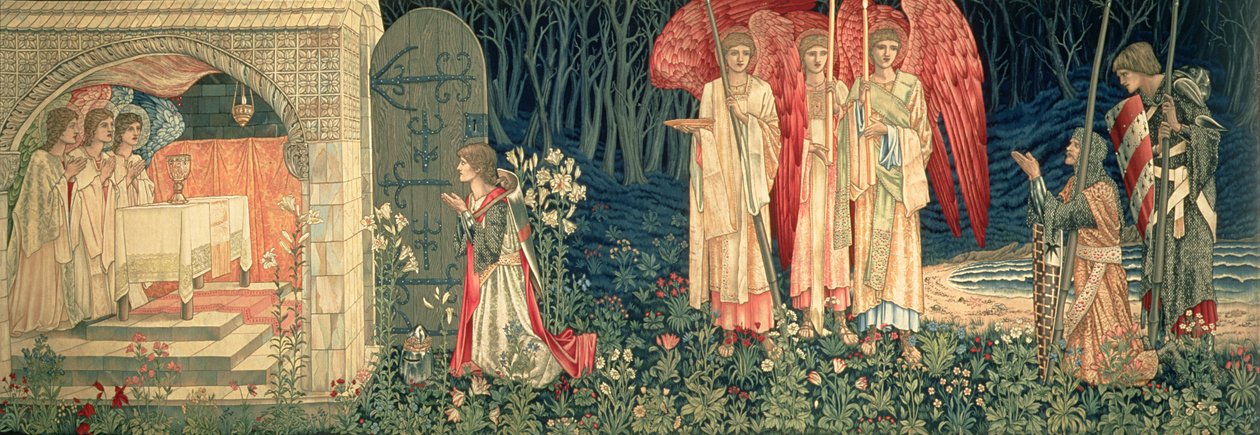 Dosažení; Vize svatého grálu pro sira Galahada, sira Borse a sira Percivala ze série „Pátrání po Svatém grálu“, 1895-96 od Edward Burne Jones