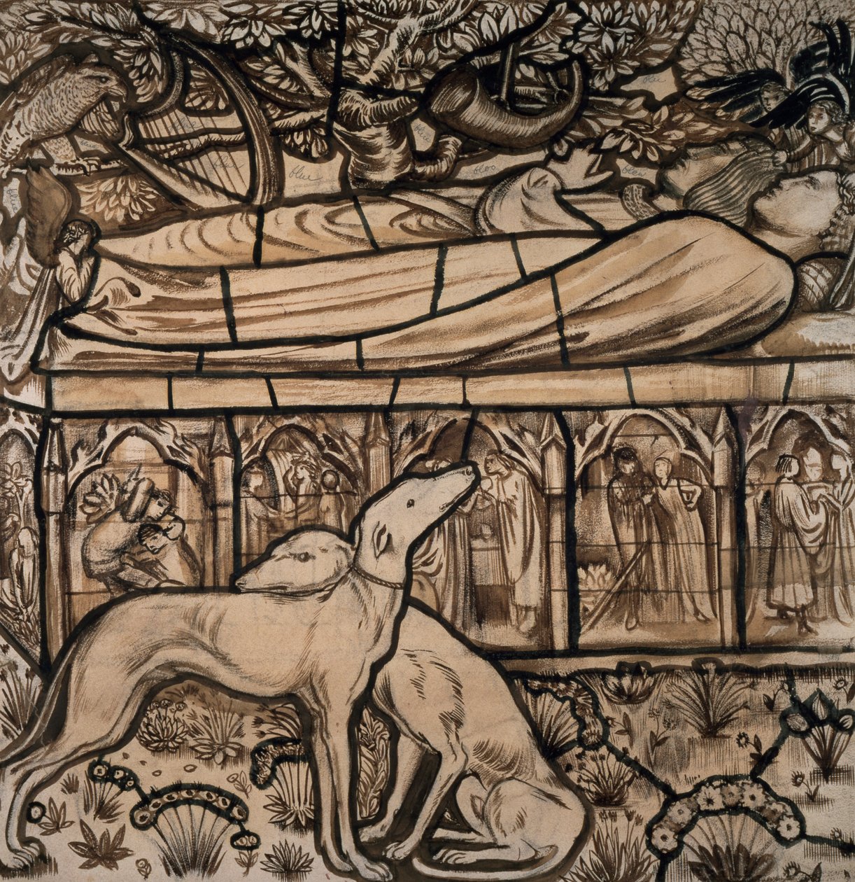 Hrobka Tristrama a Iseulta, karikatura pro barevné sklo, 1862 od Edward Burne Jones