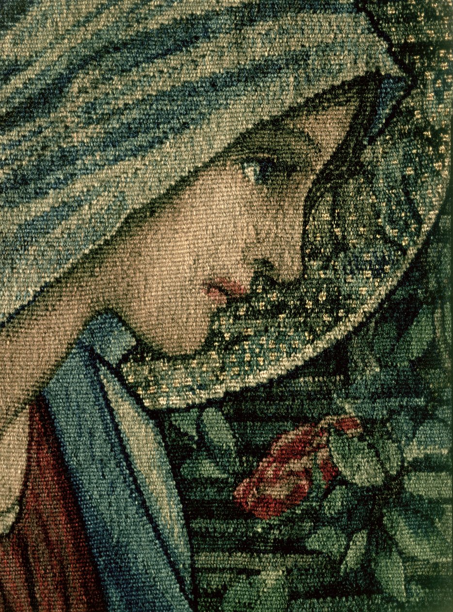 The Virgins face, detail z The Adoration of the Magi, vyrobený William Morris and Co. Merton Abbey, detail ručně tkané vlněné tapisérie z 74333 od Edward Burne Jones