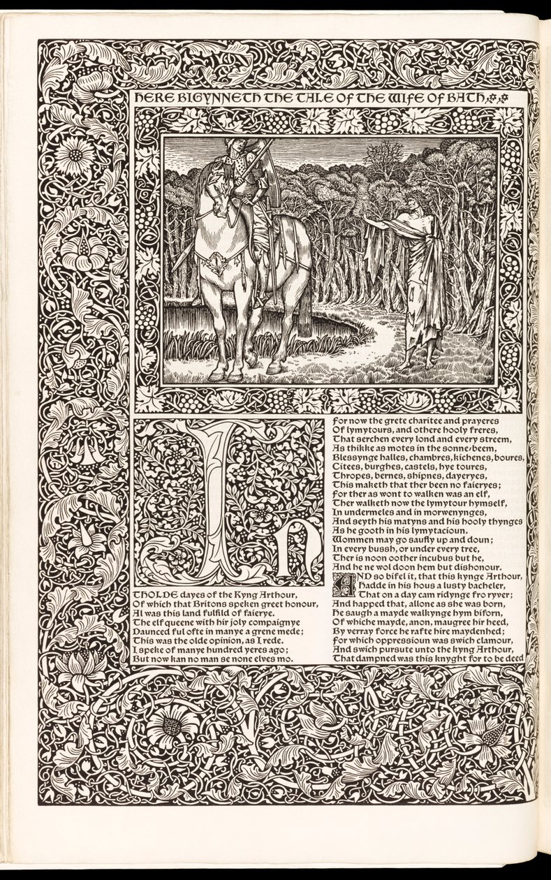 „The Works of Geoffrey Chaucer Now Newly Imprinted“ od Geoffrey Chaucer, vydané nakladatelstvím Kelmscott Press v roce 1896 (dřevořez) od Edward Burne Jones
