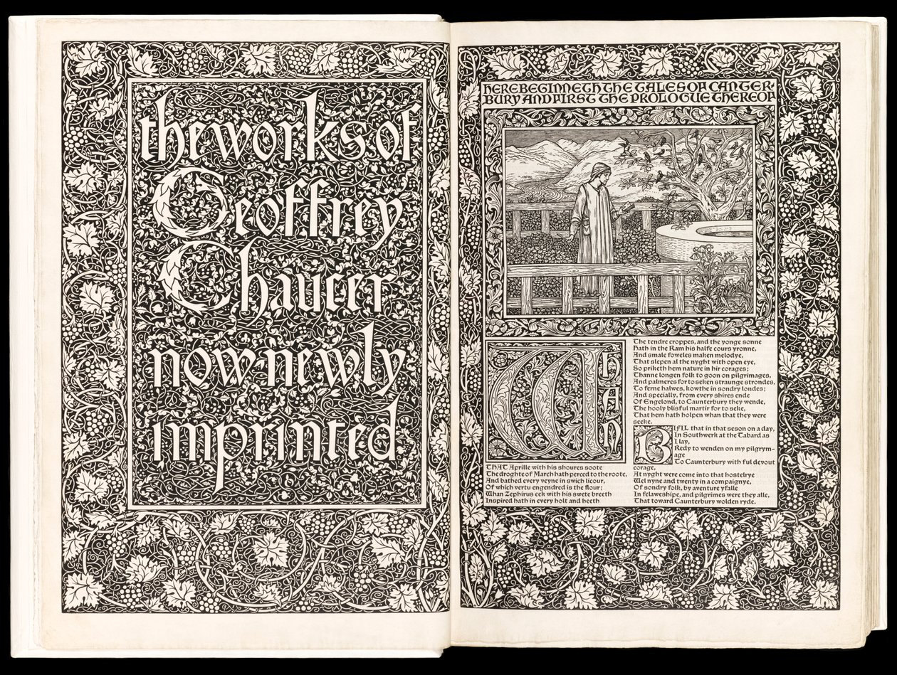 „The Works of Geoffrey Chaucer Now Newly Imprinted“ od Geoffrey Chaucer, vydané nakladatelstvím Kelmscott Press v roce 1896 (dřevořez) od Edward Burne Jones