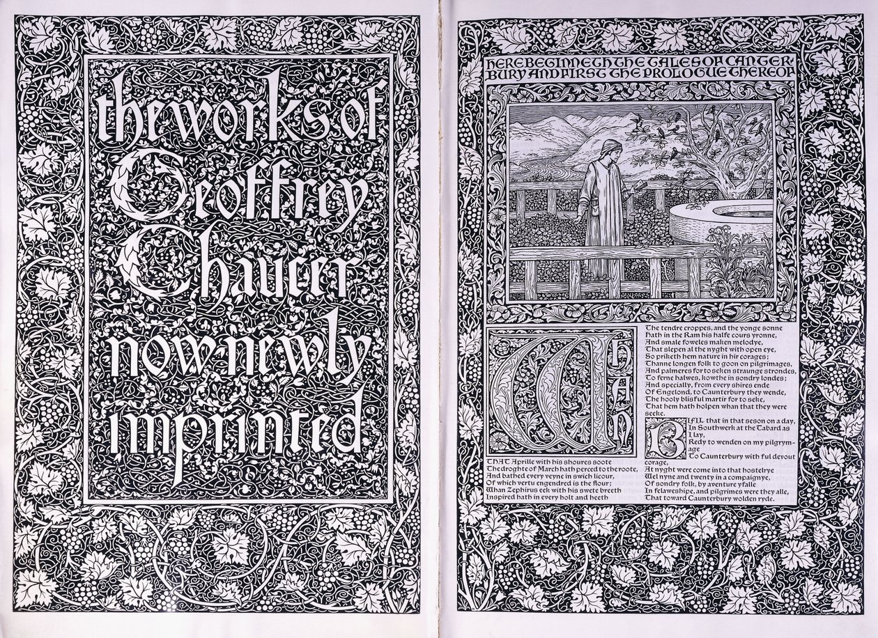 Titulní strana a úvodní strana z vydání Kelmscott Press "The Works of Geoffrey Chaucer", 1896 od Edward Burne Jones