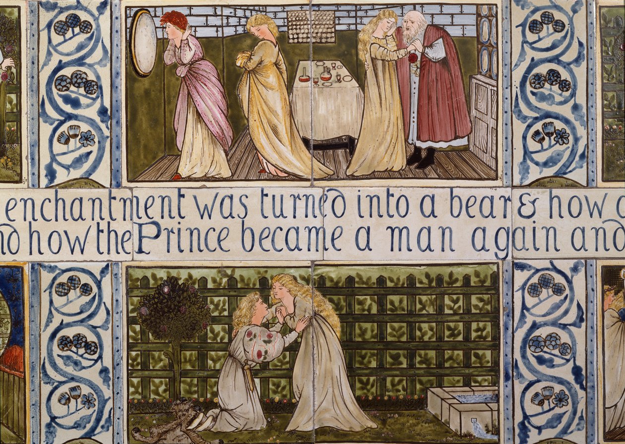 Deska z dlaždic s motivem Krásky a zvířete z domu Birketa Fostera ve Witley, Surrey, asi 1862 (keramika) od Edward Coley & Morris William (1834-96) Burne-Jones