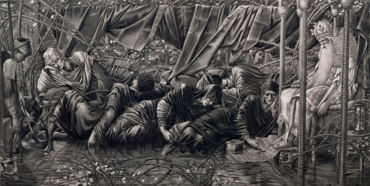 The Legend of the Briar Rose: The Council Room, pub. Thomas Agnew & Sons, 1890 (hlubotisk) od Edward Coley after Burne Jones