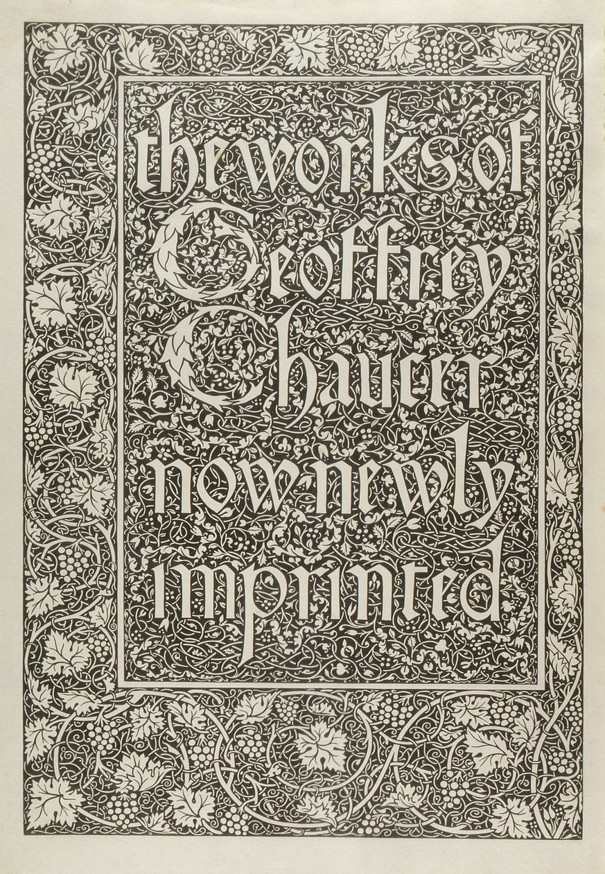 Titulní strana, z The Works of Geoffrey Chaucer, nyní nově otištěná, vyrytá Williamem Morrisem (1834-96) 1896 od Edward Coley after Burne Jones