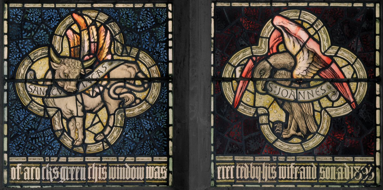 Birmingham, Acocks Green, St Mary The Virgin, Morris & Co., Edward Burne-Jones, John Henry Dearle (1859-1932), Symboly evangelistů, svatého Lukáše a svatého Jana, 1895 od Edward Coley and Dearle Burne Jones