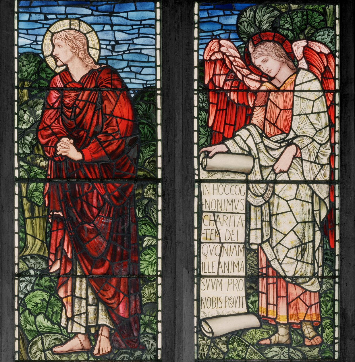 Birmingham, Acocks Green, St Mary The Virgin, Morris & Co., Edward Burne-Jones, John Henry Dearle (1859-1932), Svatý Jan a anděl se svitkem, 1895 od Edward Coley and Dearle Burne Jones