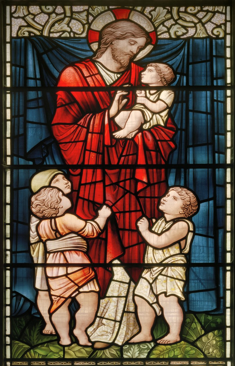 Wilden, All Saints, Morris & Co., Edward Burne-Jones, John Henry Dearle (1859-1932), Christ Blessing The Children, 1902-1914, Louisa, Alfred, The Baldwins, ministerský předseda, metodista, Worcestershire, A od Edward Coley and Dearle Burne Jones