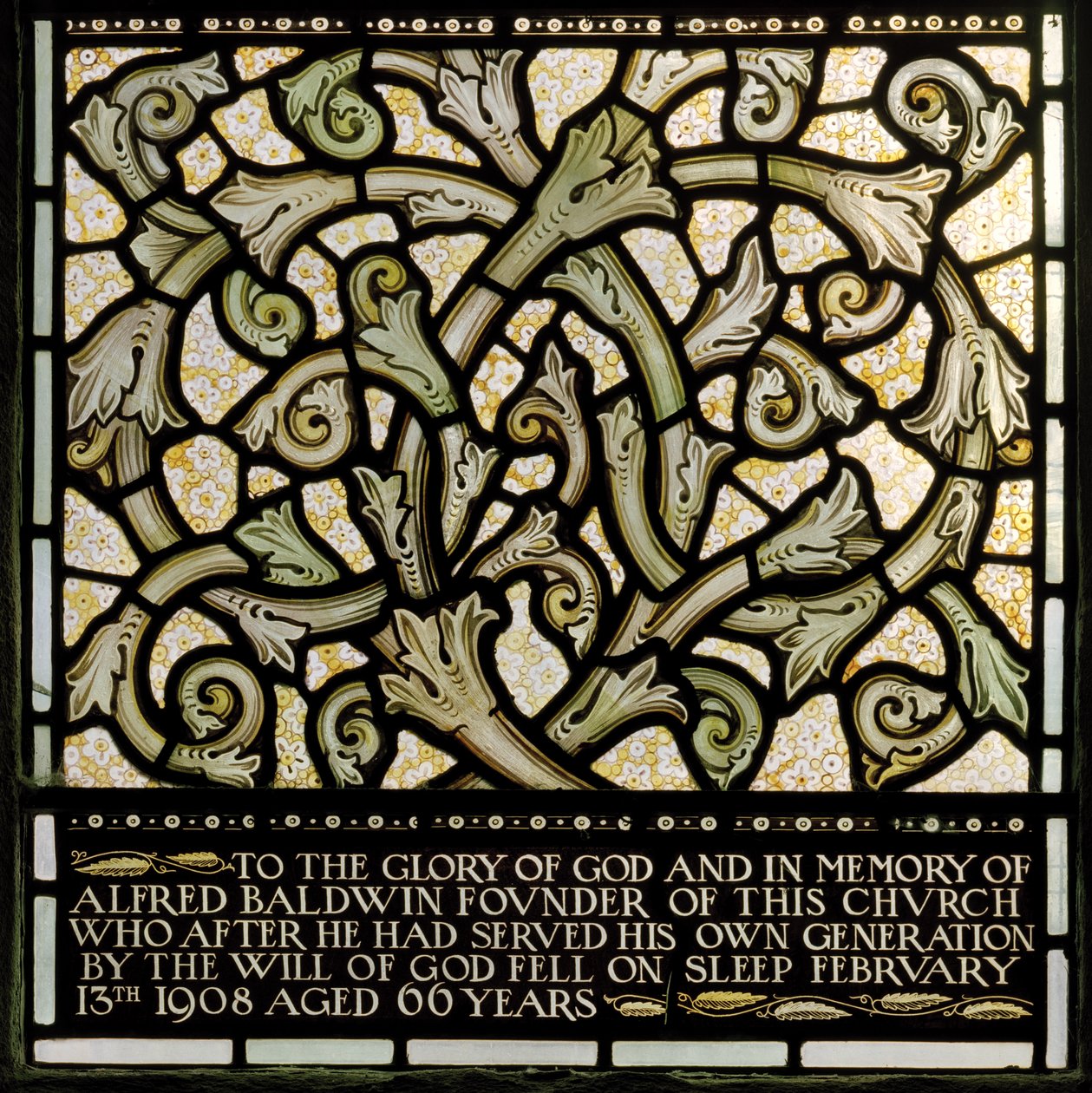 Wilden, All Saints, Morris & Co., Edward Burne-Jones, John Henry Dearle (1859-1932), Věnování Alfredu Baldwinovi z okna Joshua, 1902-1914, Louisa, The Baldwins, předseda vlády, metodista, Wo od Edward Coley and Dearle Burne Jones