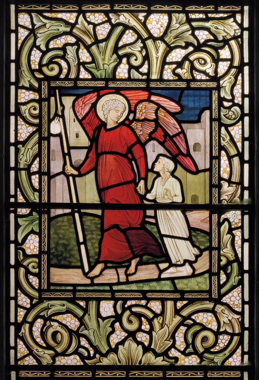 Wilden, All Saints, Morris & Co., Edward Burne-Jones, John Henry Dearle (1859-1932), Dítě s andělem strážným, 1902-1914, Louisa, Alfred, The Baldwins, Prime Minister, Methodist, Worcestershire, od Edward Coley and Dearle Burne Jones