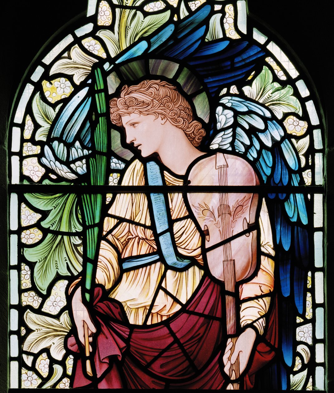 Wilden, All Saints, Morris & Co., Edward Burne-Jones, John Henry Dearle (1859-1932), The Minstrel Angel, Angel Musician, detail, 1902-1914, Louisa, Alfred, The Baldwins, ministerský předseda, metodista, Wor od Edward Coley and Dearle Burne Jones