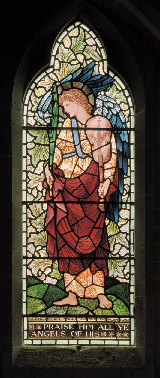 Wilden, All Saints, Morris & Co., Edward Burne-Jones, John Henry Dearle (1859-1932), Tyhe Minstrel Angel, 1902-1914, Louisa, Alfred, The Baldwins, ministerský předseda, metodista, Worcestershire, Arts & Cra od Edward Coley and Dearle Burne Jones