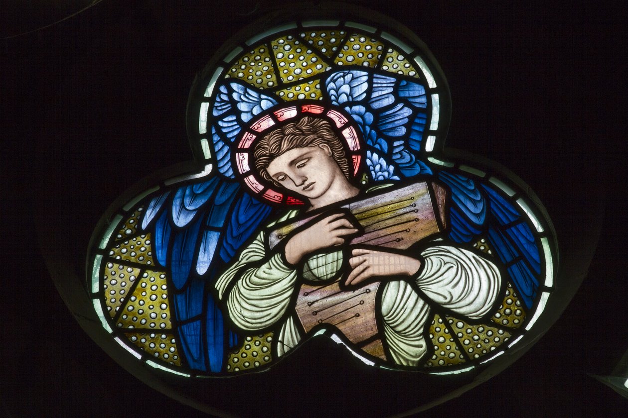 Wilden, All Saints, Morris & Co., Edward Burne-Jones, John Henry Dearle (1859-1932), Angels with Cimbál, Angel Musicians od Edward Coley and Dearle John Henry  Burne Jones