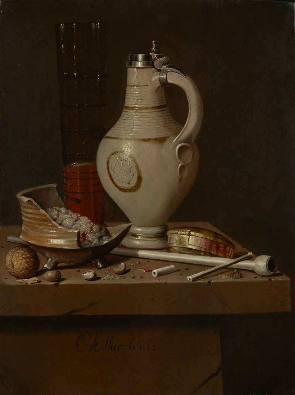 Zátiší s kuřáckým náčiním a korbelem piva, 1664 od Edward Collier