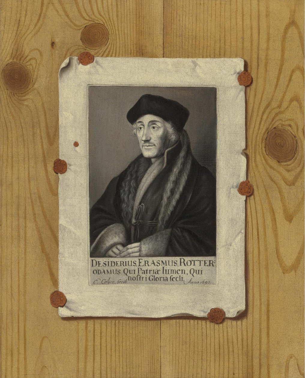 Trompe loeil Zátiší s rytinou Erasma Rotterdamského, 1693 od Edward Collier