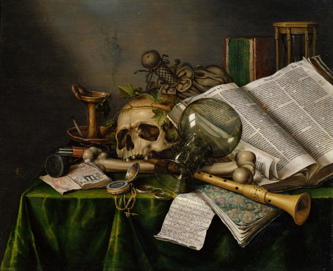Vanitas. Zátiší s knihami, rukopisy a lebkou od Edward Collier