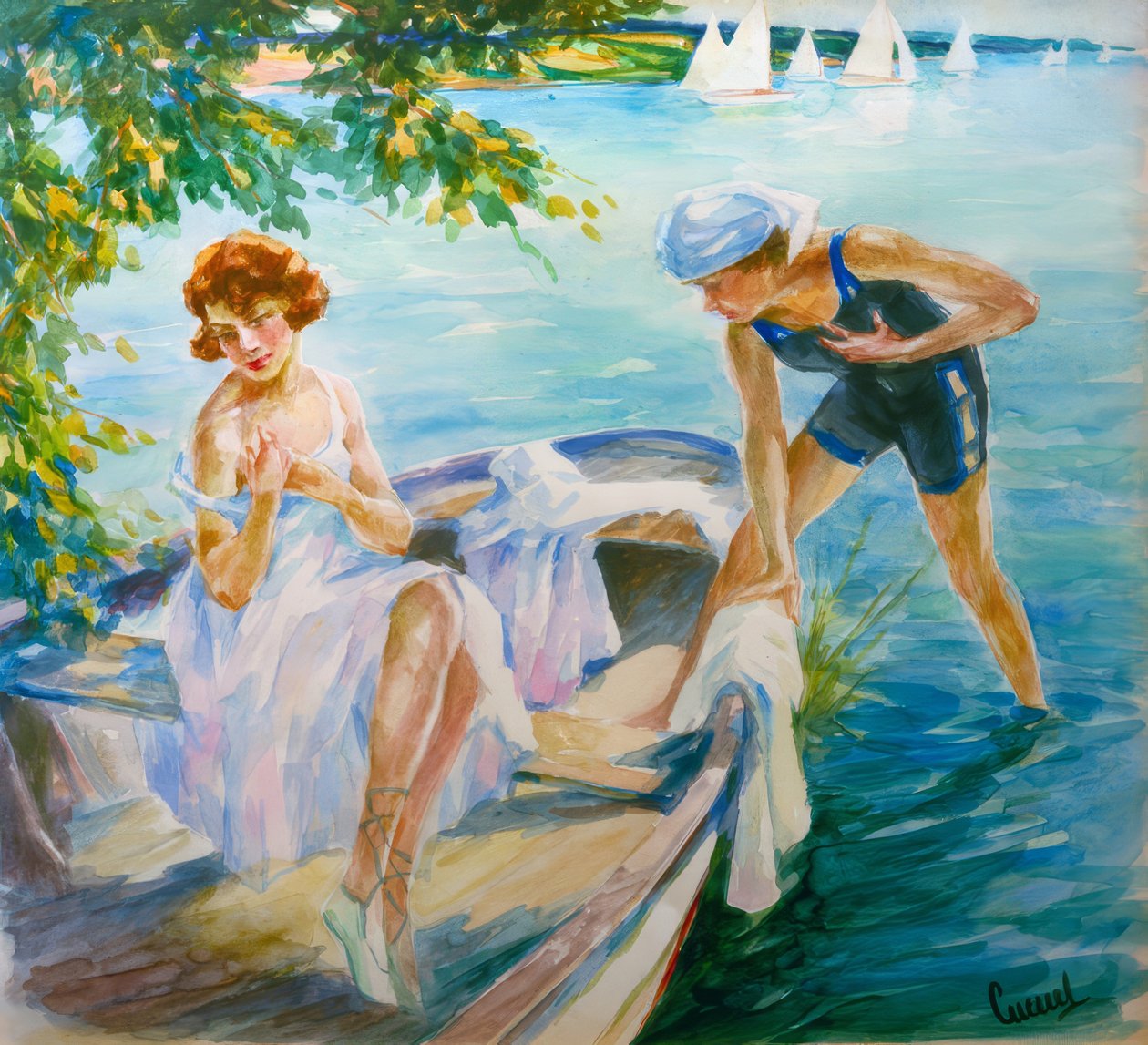 Letní den u jezera se dvěma mladými dámami na lodi od Edward Cucuel