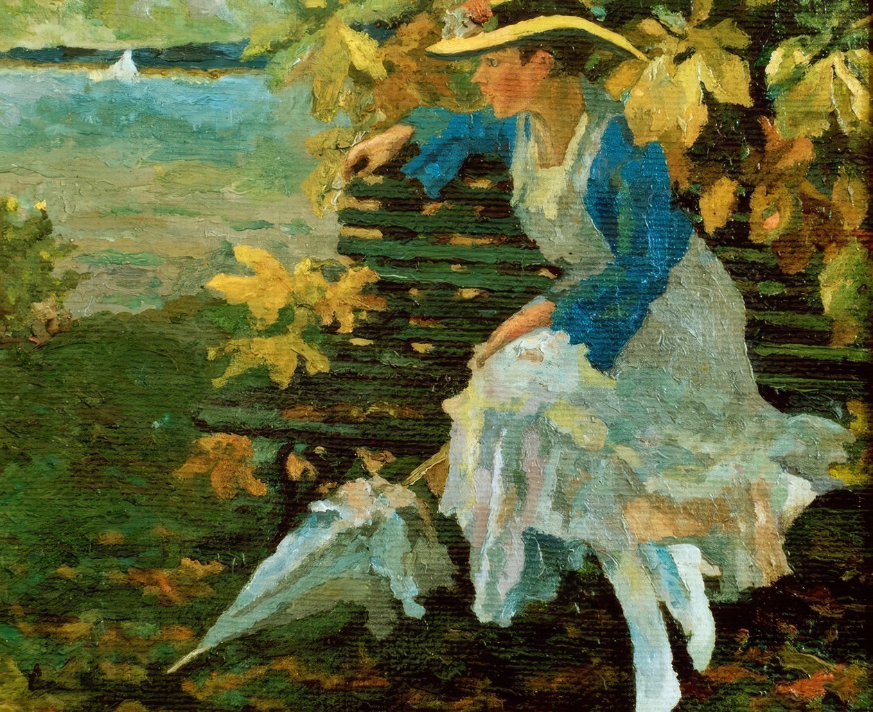 Žena na lavičce v parku u jezera od Edward Cucuel