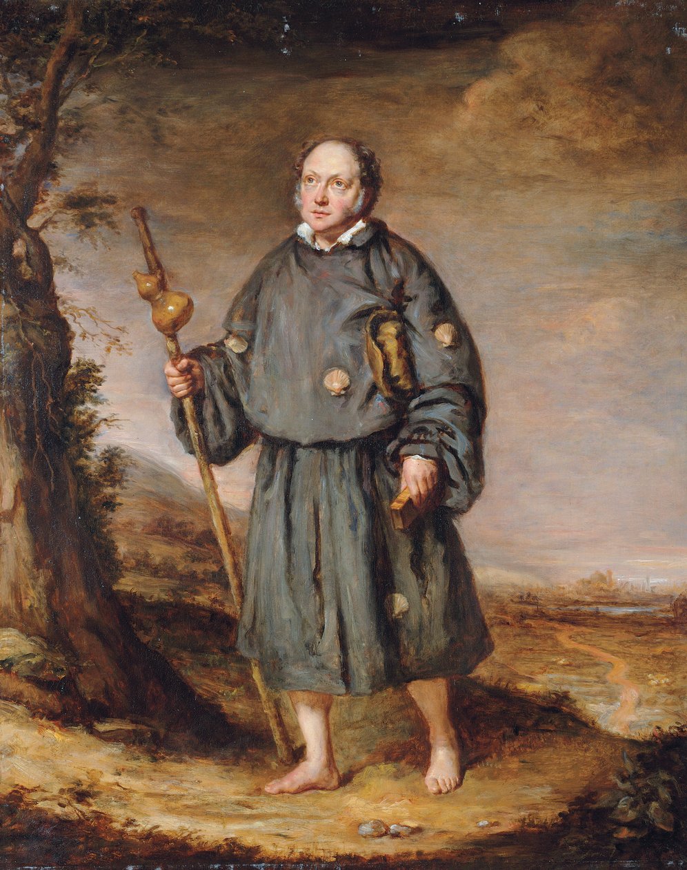 Portrét gentlemana jako poutníka, na dráze, držícího hůl s tykví a biblí, 1836 od Edward Daniel Leahy