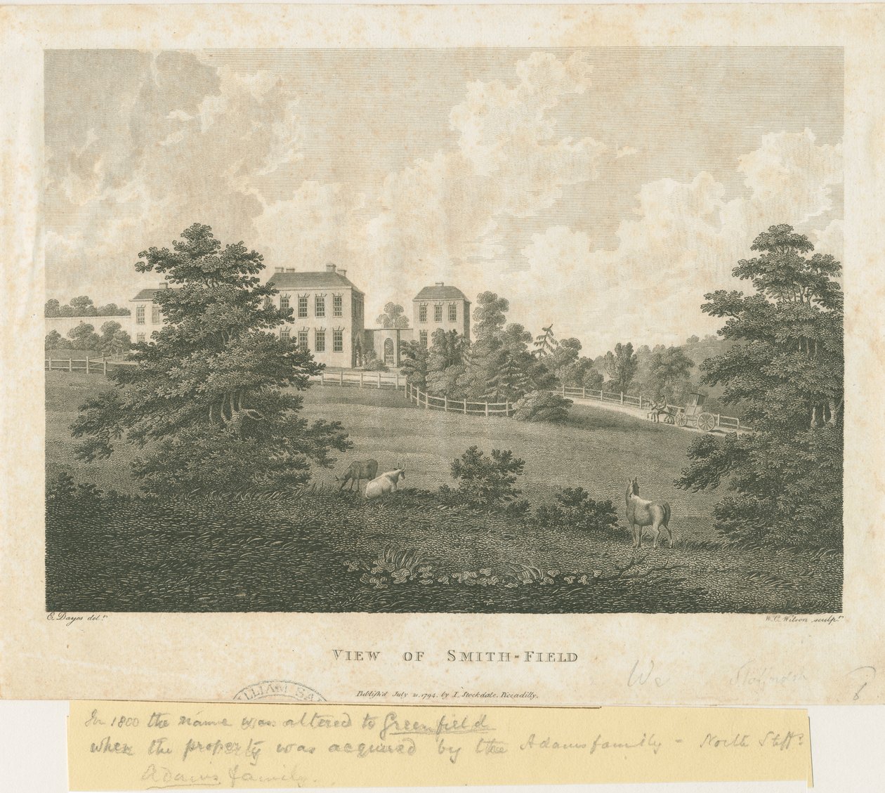Wolstanton - "Pohled na Smith-Field": rytina, nd [c 1794] od Edward Dayes