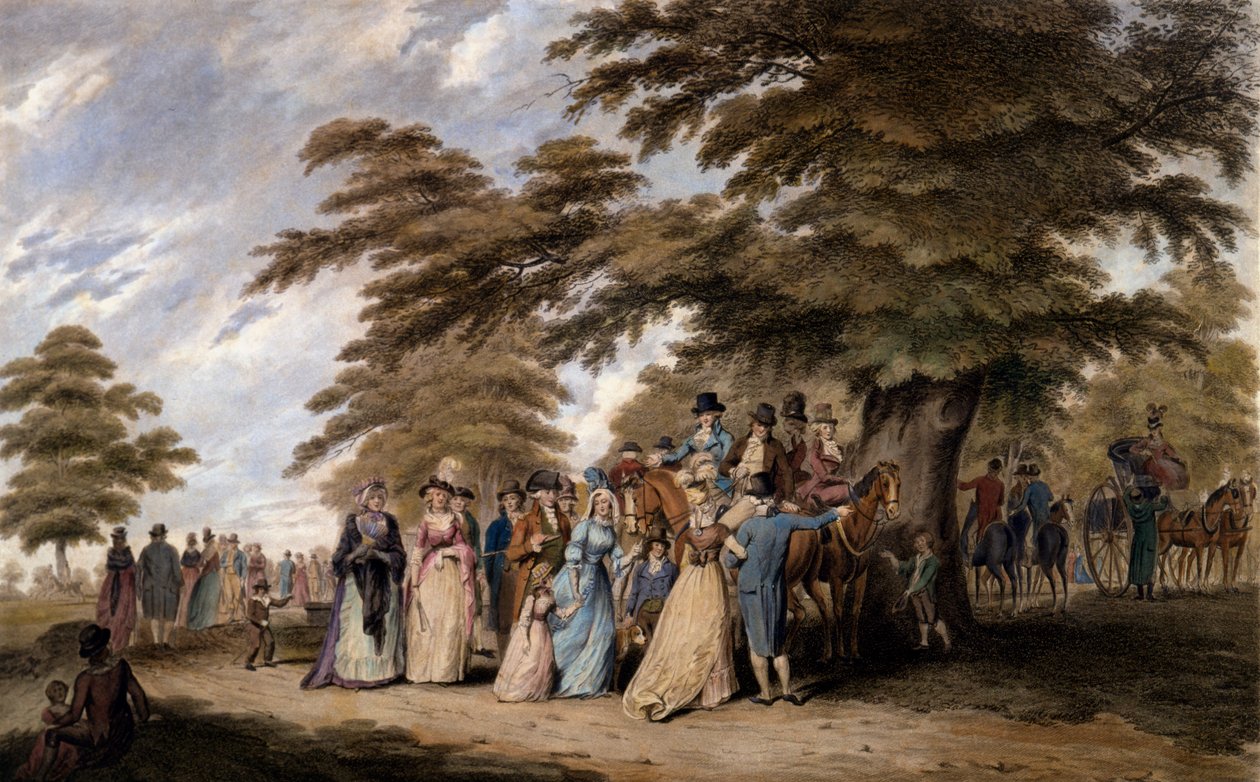 Pronásledování v Hyde Parku, kolorovaná rytina z roku 1796 od Edward Days