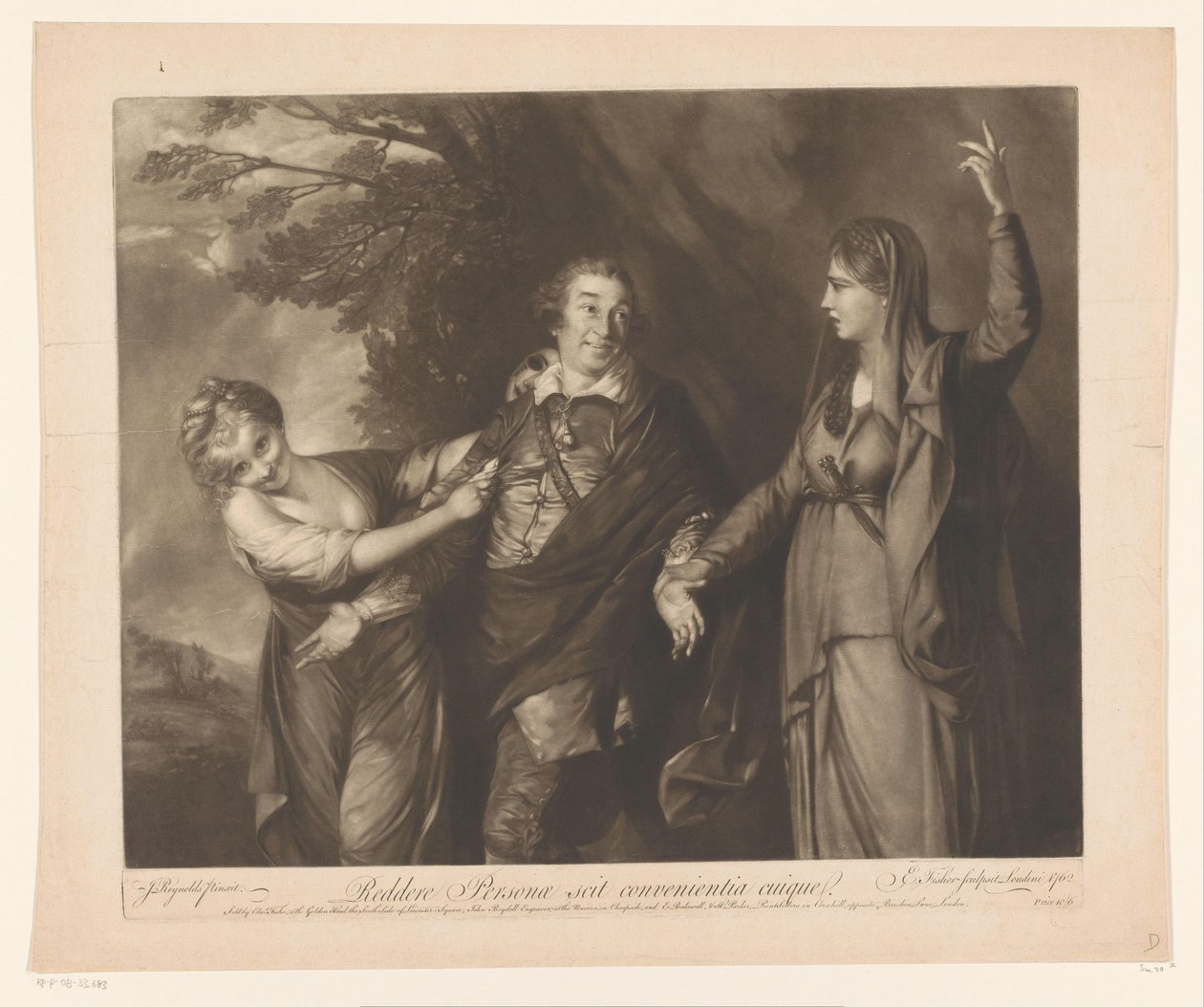 Portret van David Garrick tussen personifikace van komedie a tragédie Pro vrácení Osoba zná vhodnost každého (název na objektu) od Edward Fisher