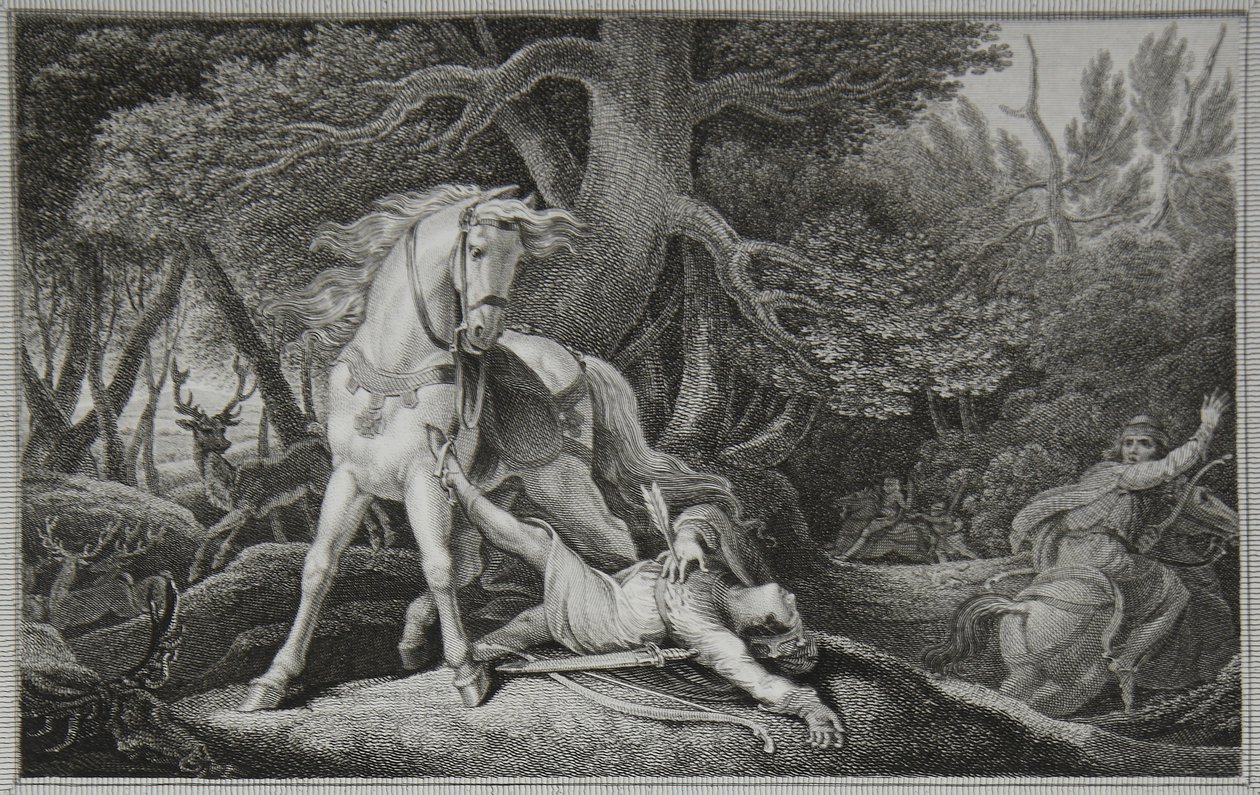 Smrt Williama Rufuse, rytý Neagle, ilustrace z Davida Humea 