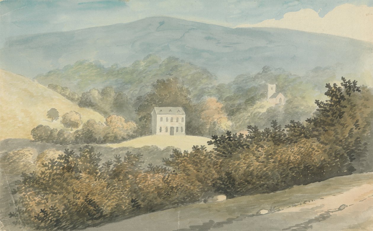 Kopcovitá krajina s domem od Edward Francis Burney