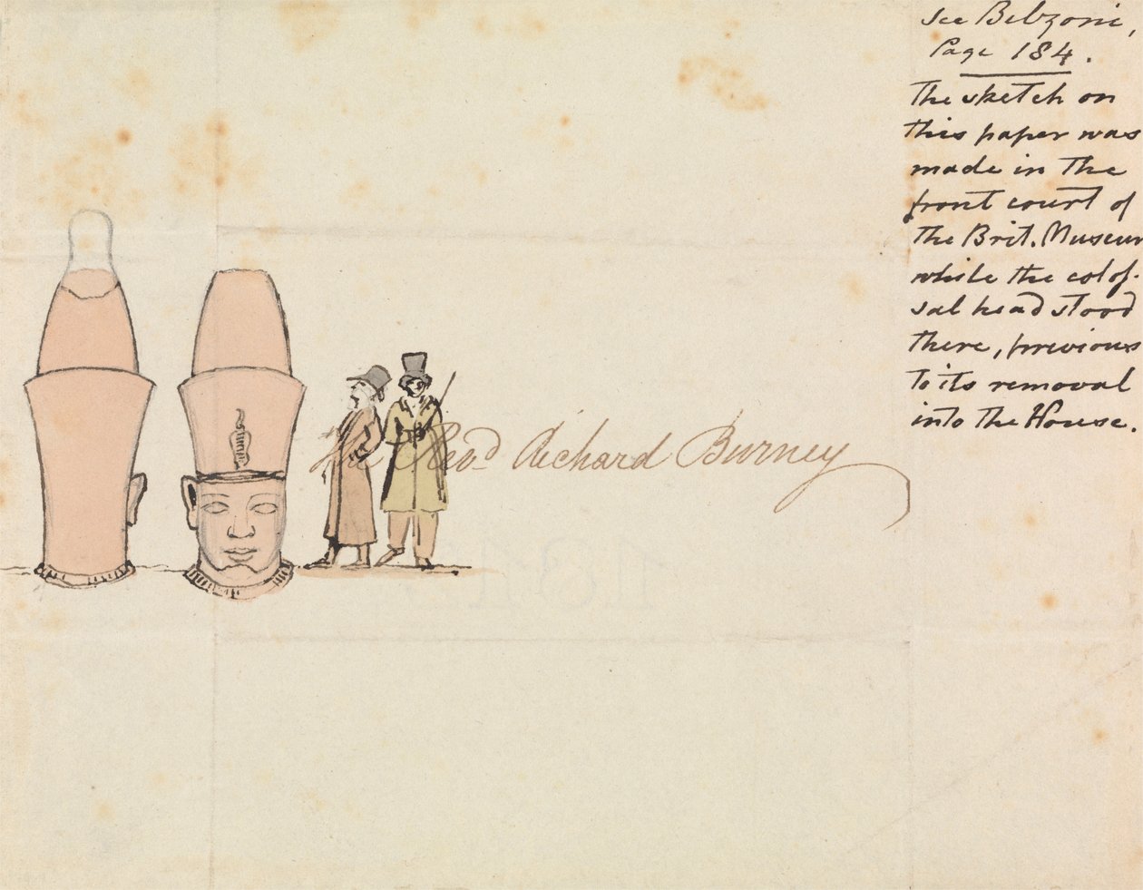 Dopis reverendu Richardu Burneymu s kresbou Kolosální hlavy z British Museum Courtyard od Edward Francis Burney