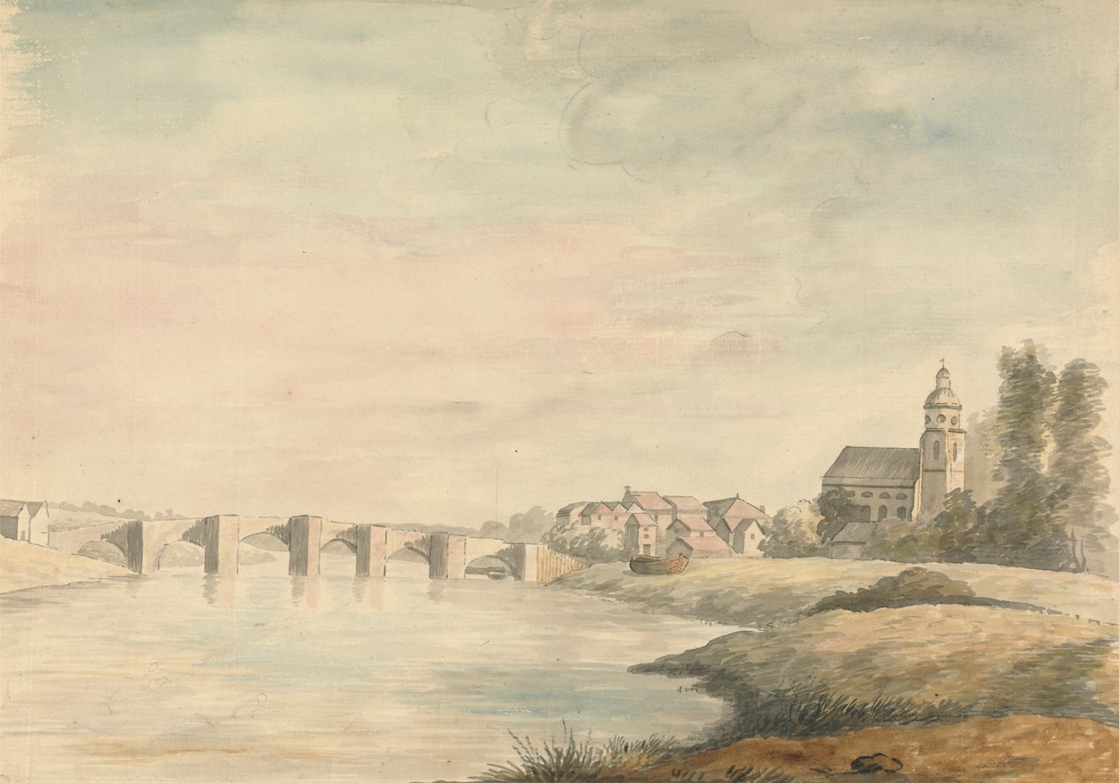 Říční krajina s mostem od Edward Francis Burney