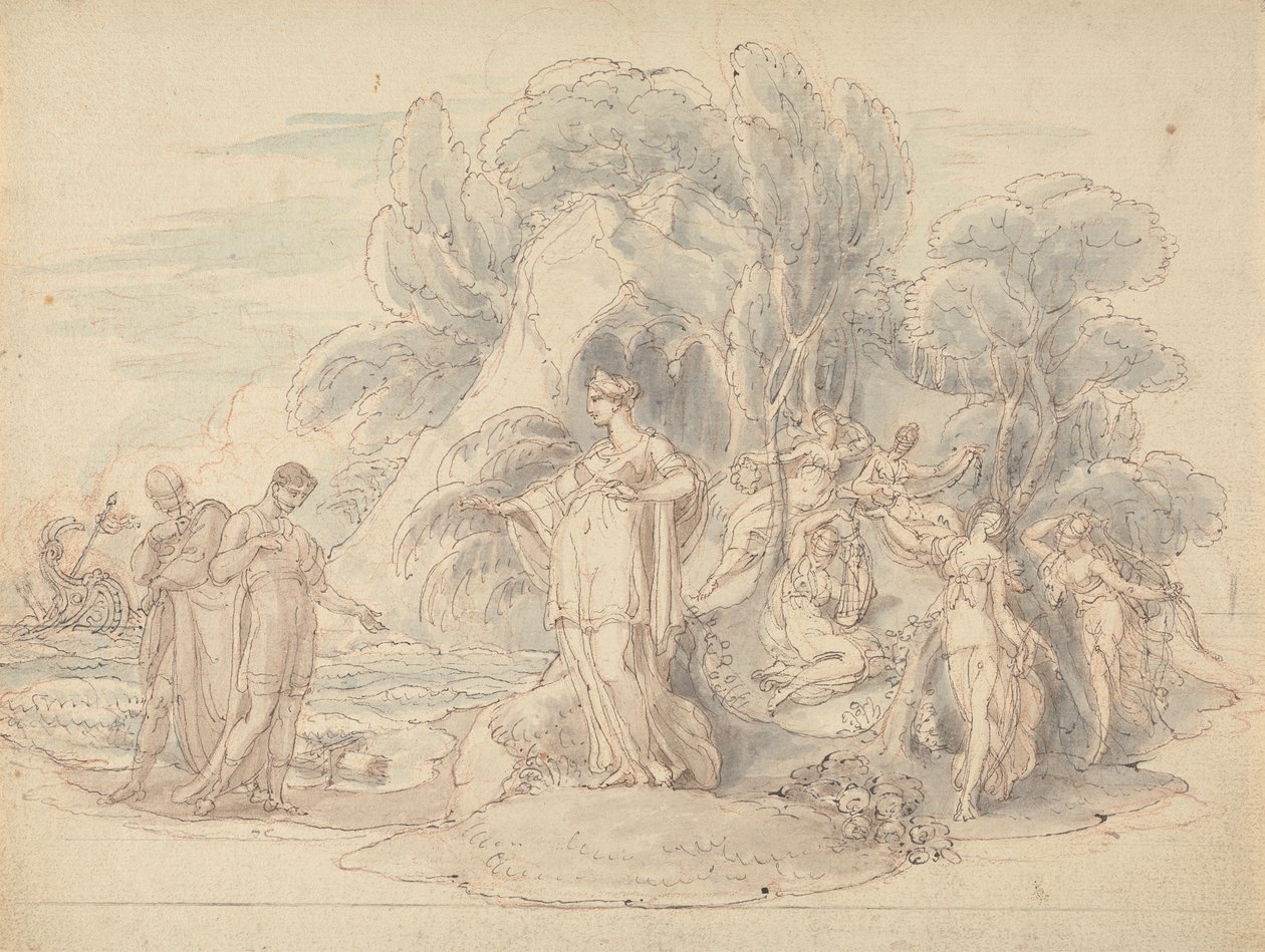 Telemachus a Mentor přistávají na ostrově Calypso od Edward Francis Burney