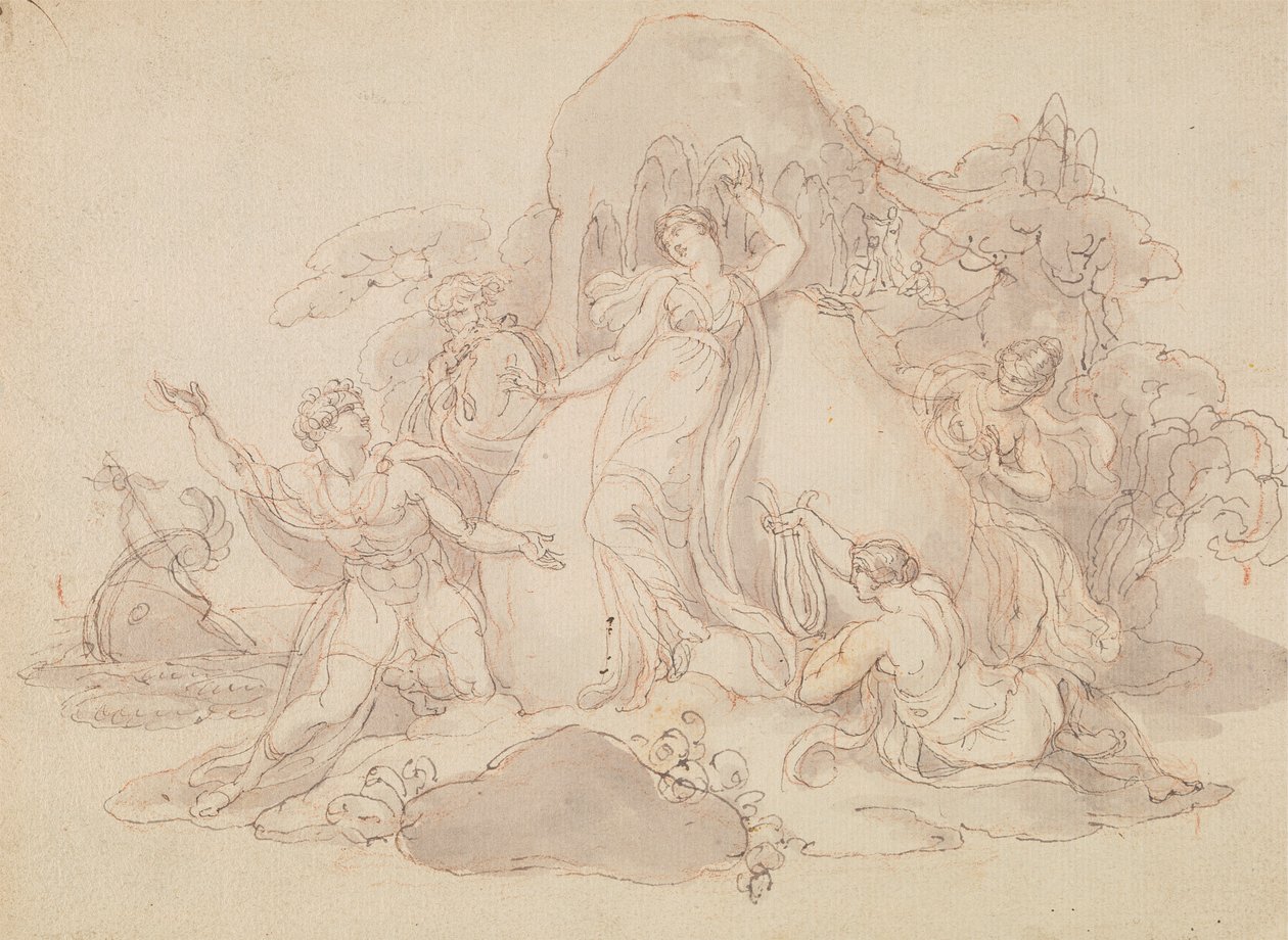 Telemachus a Mentor přistávají na ostrově Calypso od Edward Francis Burney