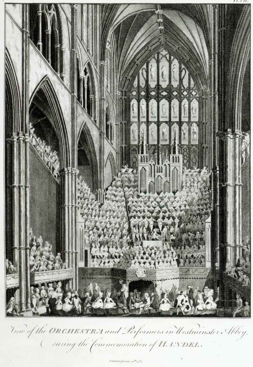 Pohled na orchestr a umělce ve Westminsterském opatství, během oslavy Händela, publikoval Charles Burney, 1785 od Edward Francis Burney