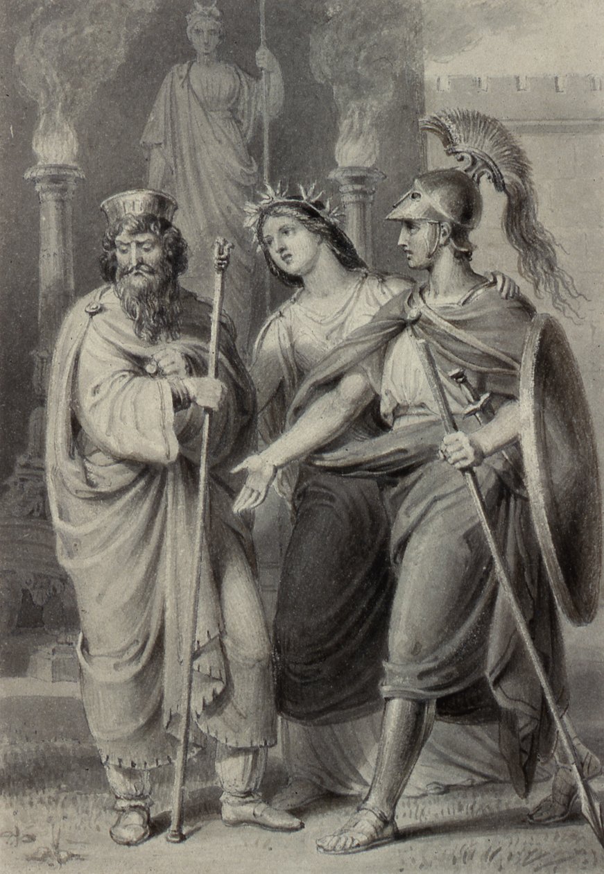 Válečník doprovázený ženou oslovující kněze v okrscích chrámu od Edward Francis Burney
