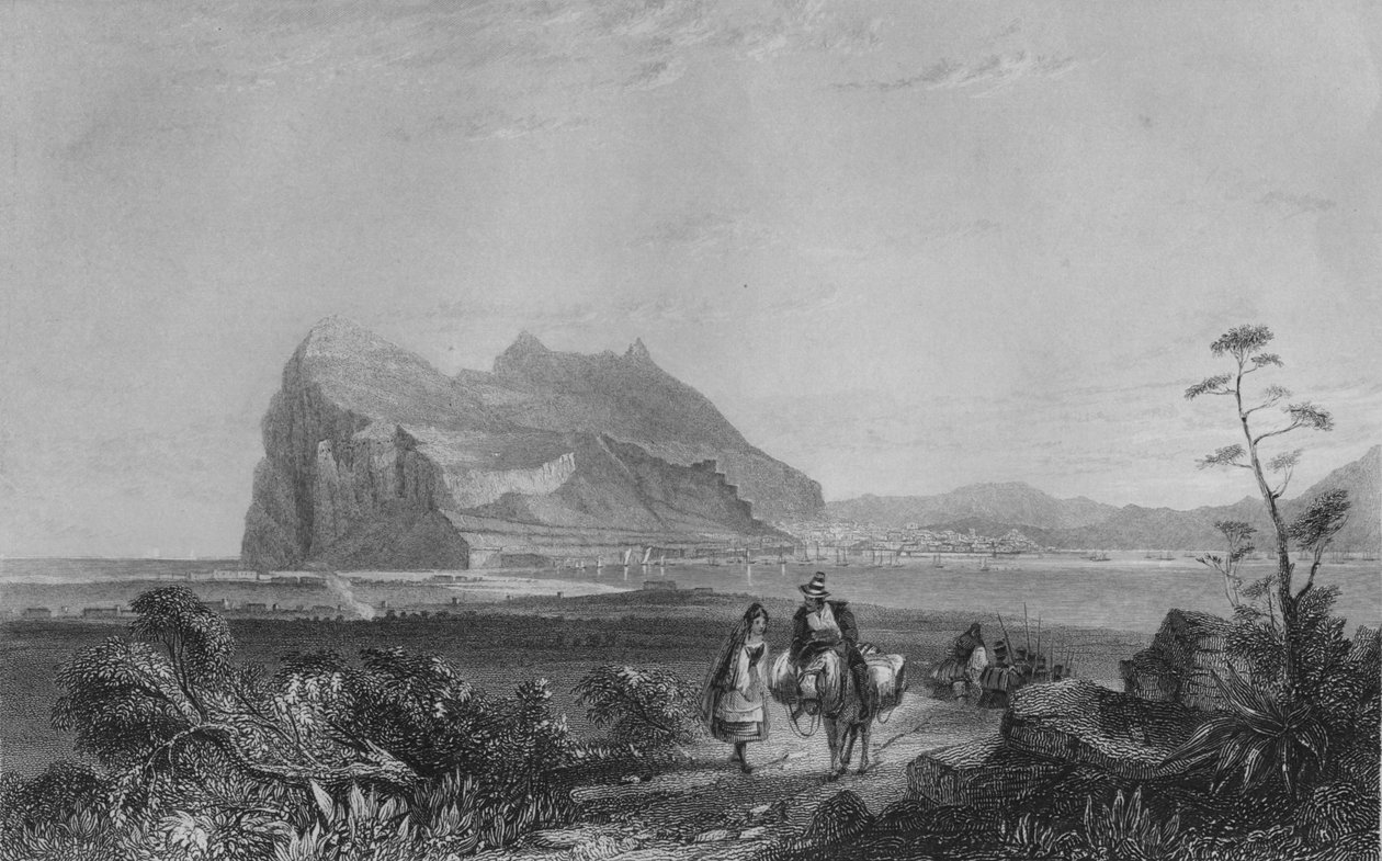 Gibraltar. Z nižší Signální věže na úpatí křesla španělské královny, 1840 od Edward Francis Finden
